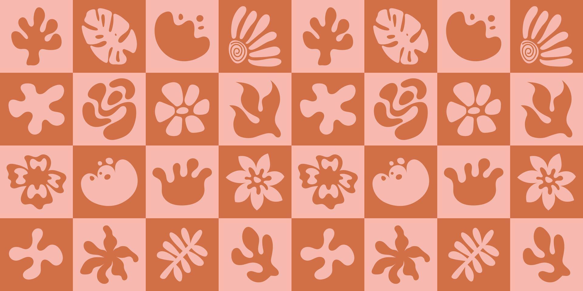 Seamless summer pattern of simple hand drawn elements. Retro linocut style ornament with tropical leaves, colors and shapes vector
