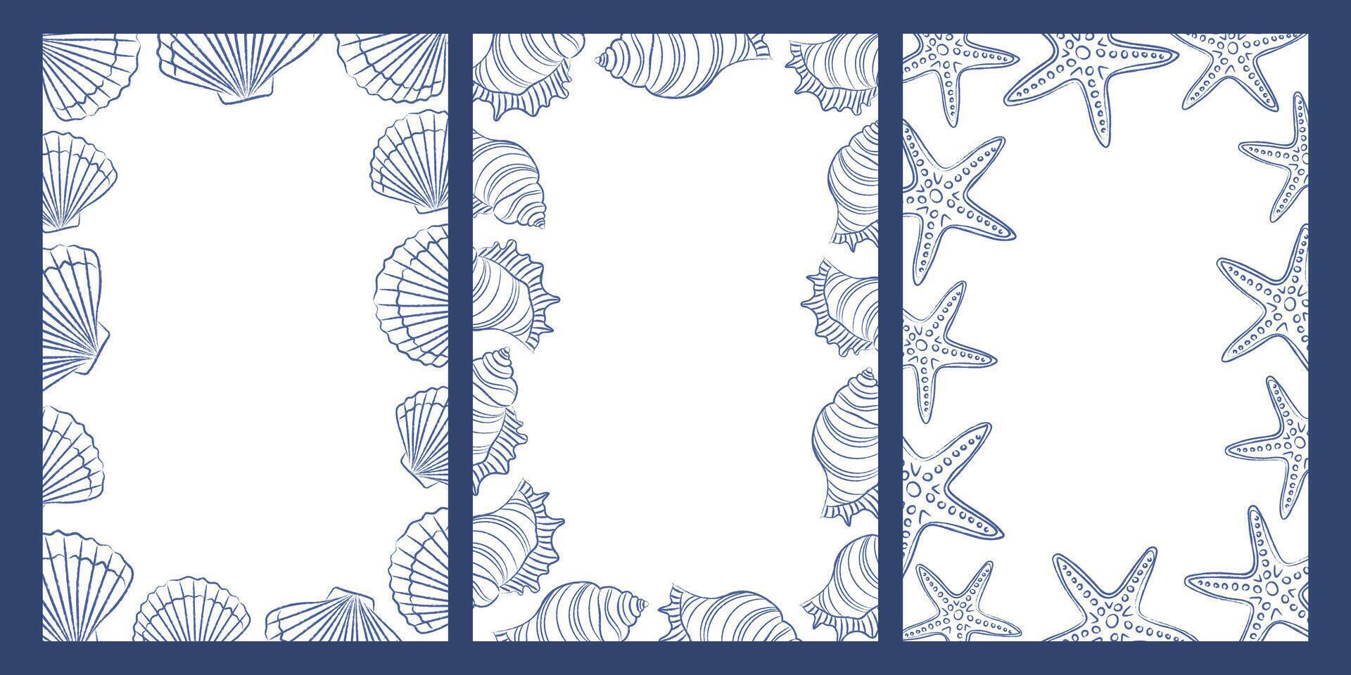 Shells Frames Set. Seashells for party invitations, event decorations. templates for text vector