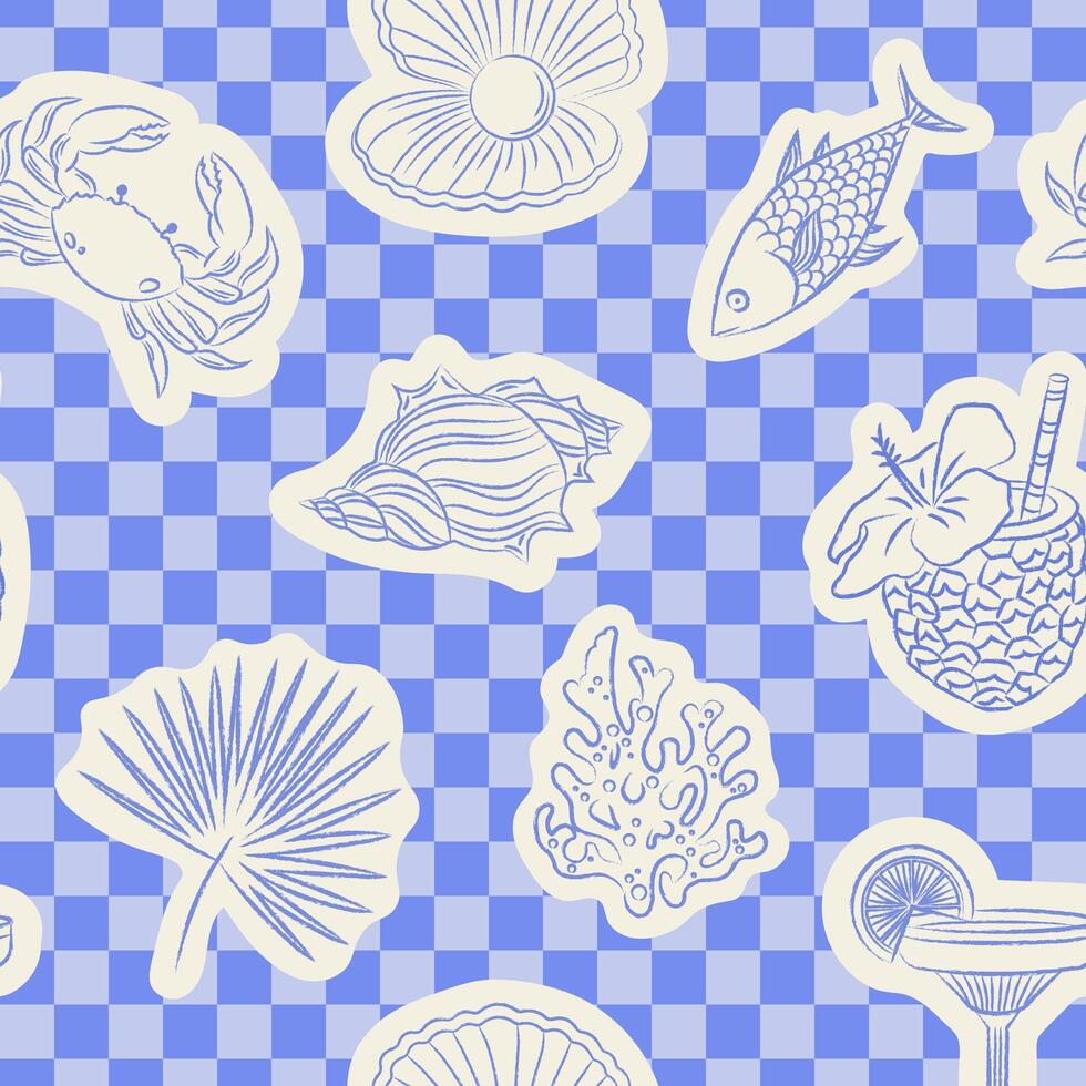 Marine seamless pattern in blue and white color. Ornament with pen drawn doodles of beach elements. minimalistic fabric swatch vector