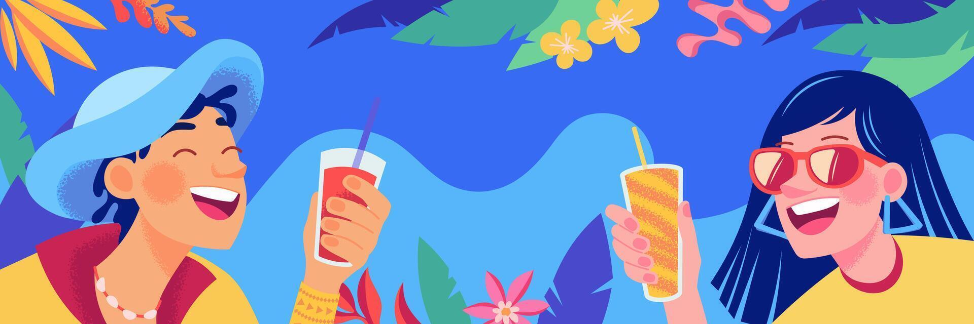 Friends enjoying drinks in tropical setting vector