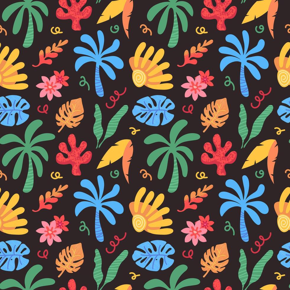Colorful tropical leaves and flowers pattern vector
