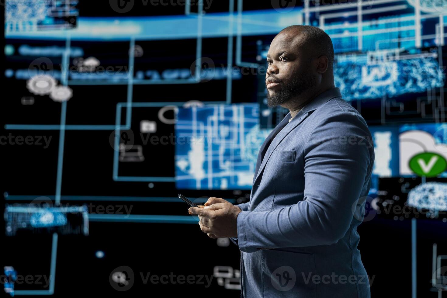 Portrait of a black professional engaged in coding and analytics, surrounded by AI neural networks and data visualization systems. Future of tech innovation with artificial intelligence. photo