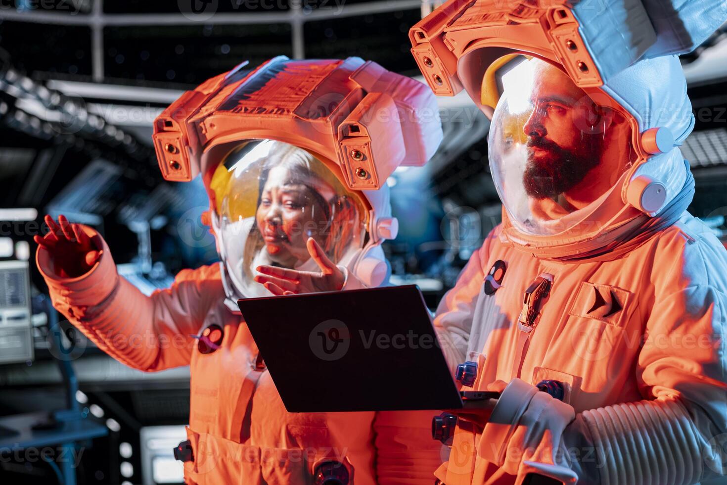 Astronauts team responds to system failure after radiation warning triggers emergency lights. Starship crew members wearing helmets to prevent radiation, investigating breach photo