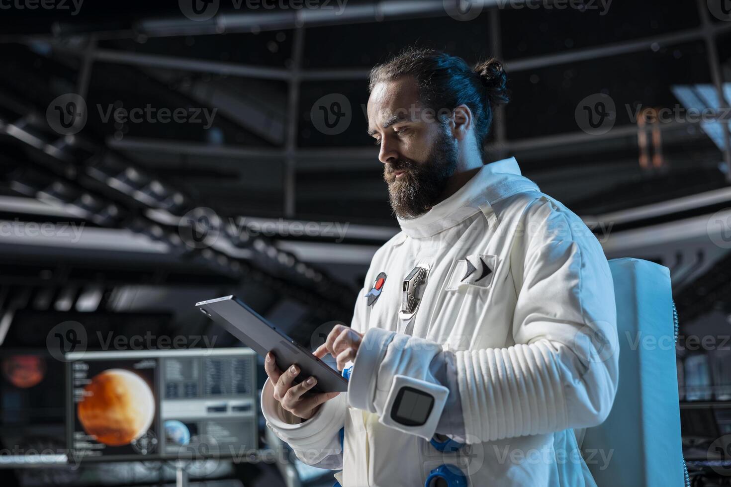 Cosmonaut in orbital station ensuring operational readiness before mission launch to Mars. Man working on spaceship doing Martian surface research to advance scientific knowledge photo