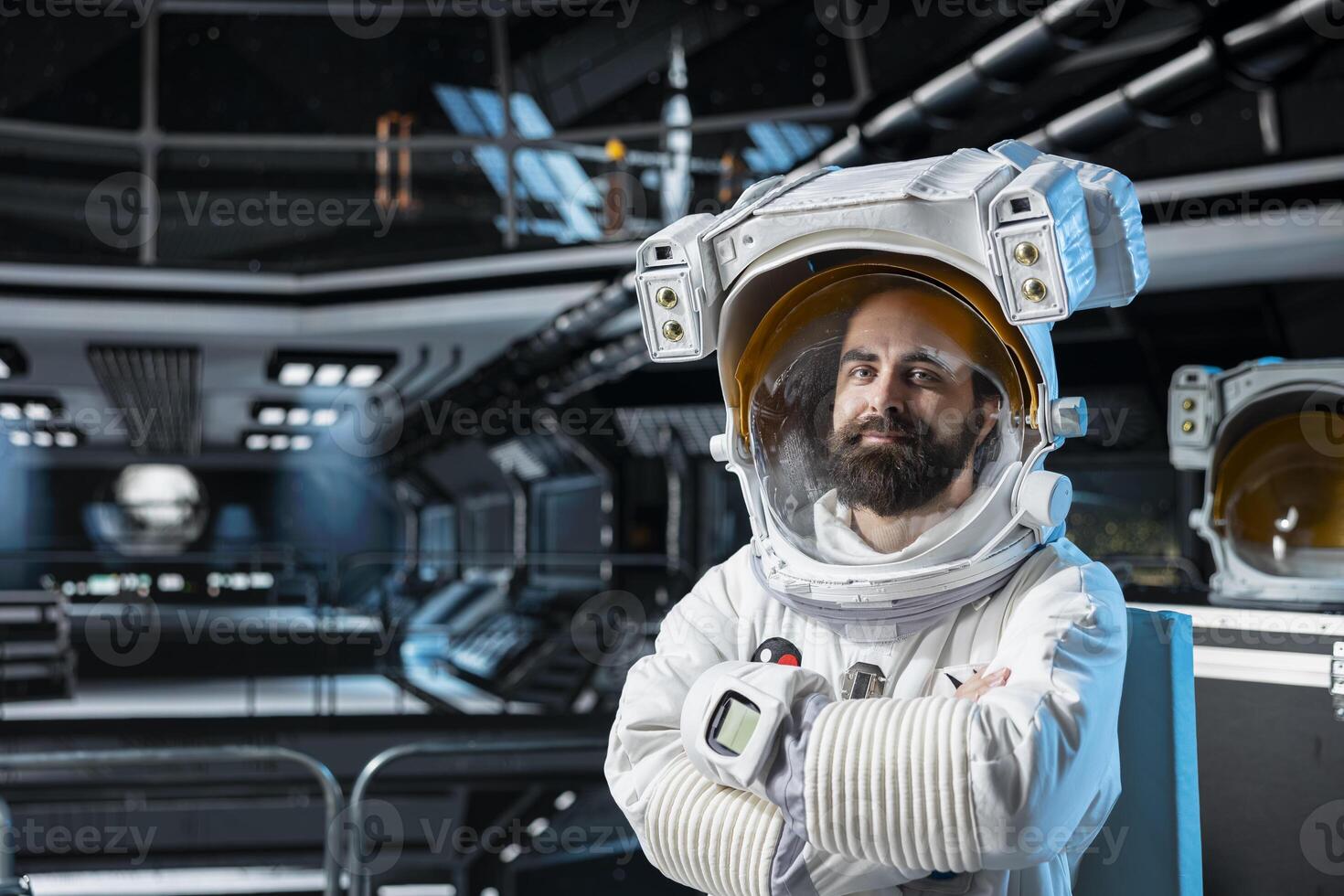 Portrait of astronaut researcher exploring deep space, carrying out research aboard spacecraft. Scientist wearing cosmonaut gear in spaceship gathering samples for scientific study photo