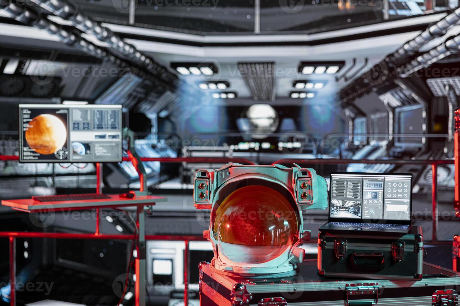 Danger warning lights indicating accident during Mars planetary scan mission in space. Error red light in spaceship shuttle over notebook showing planet surface analytics data photo