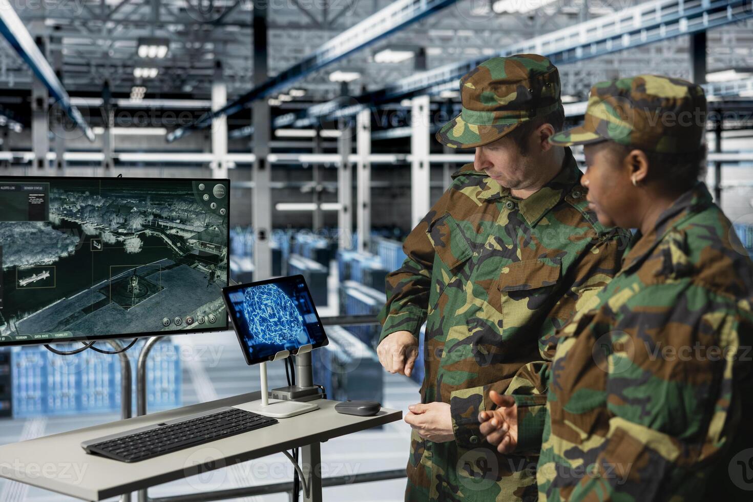 Military units in server room observing enemy activity with automated artificial intelligence tools. Team of army specialist in data center detecting flight paths using real time AI monitoring photo