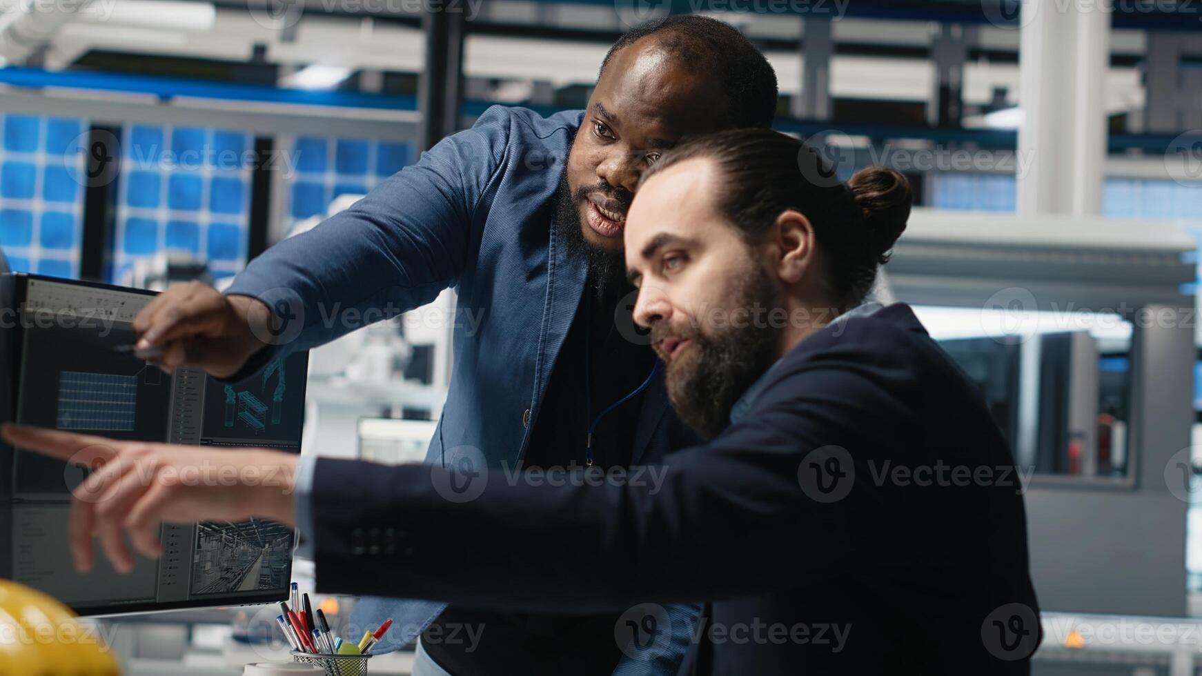 Coworkers team in the plant overseeing solar power production line, showing teamwork in manufacturing process of photovoltaics development. Renewable energy infrastructure systems. Camera B. photo