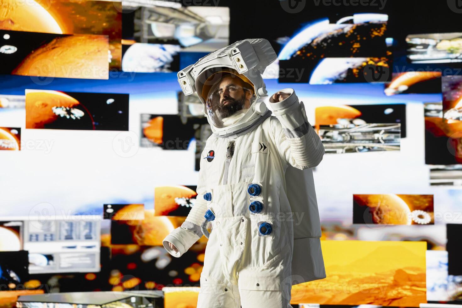 Space man on a deep space mission surrounded by stars and the vast galaxy, showcasing science and exploration. Astronaut with helmet travelling in the universe within, human curiosity. photo