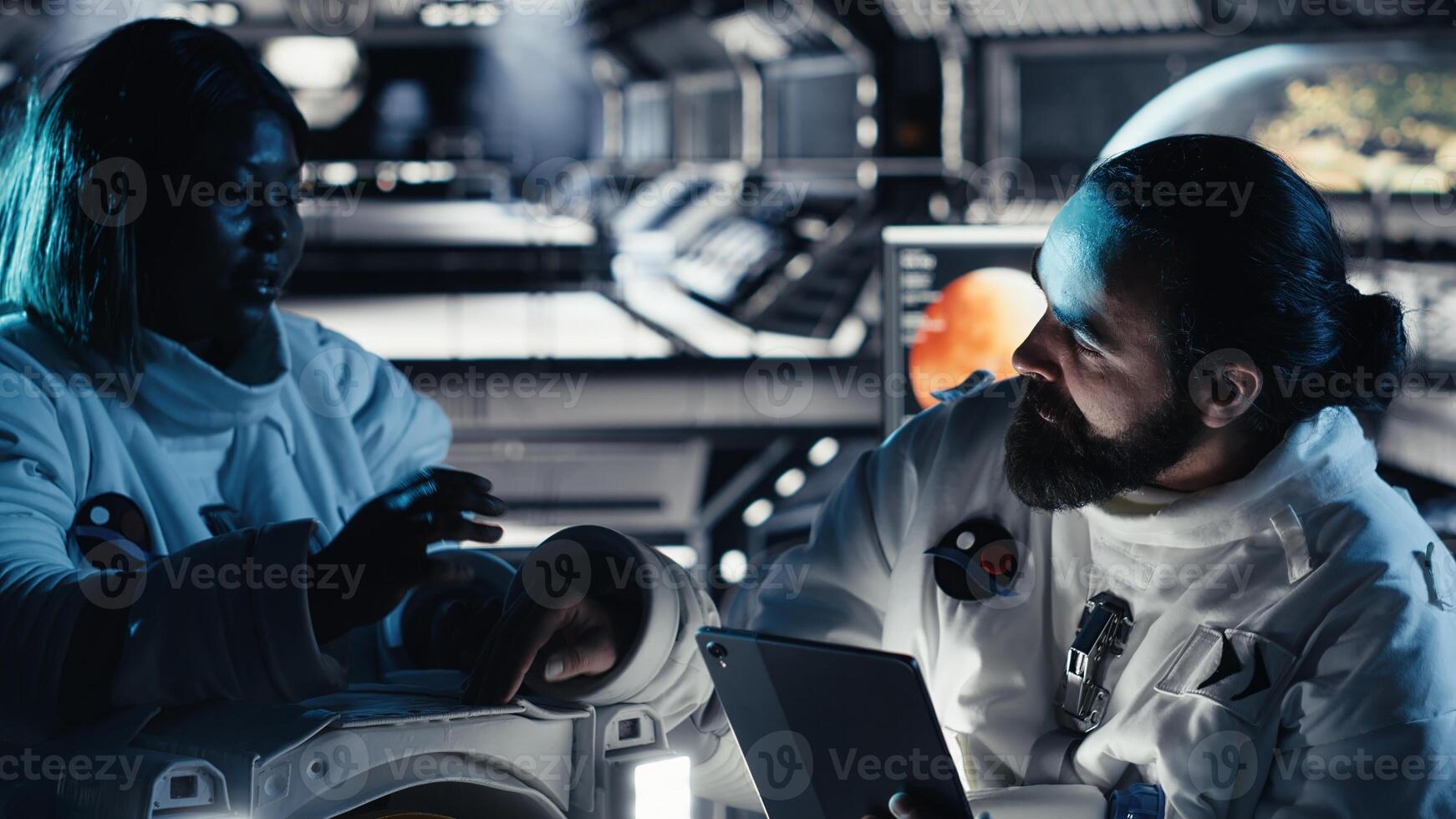Researchers in starship discussing mission plan during mankind survival expedition. Astronauts doing human expansion in space mission in spacecraft, advancing scientific knowledge photo