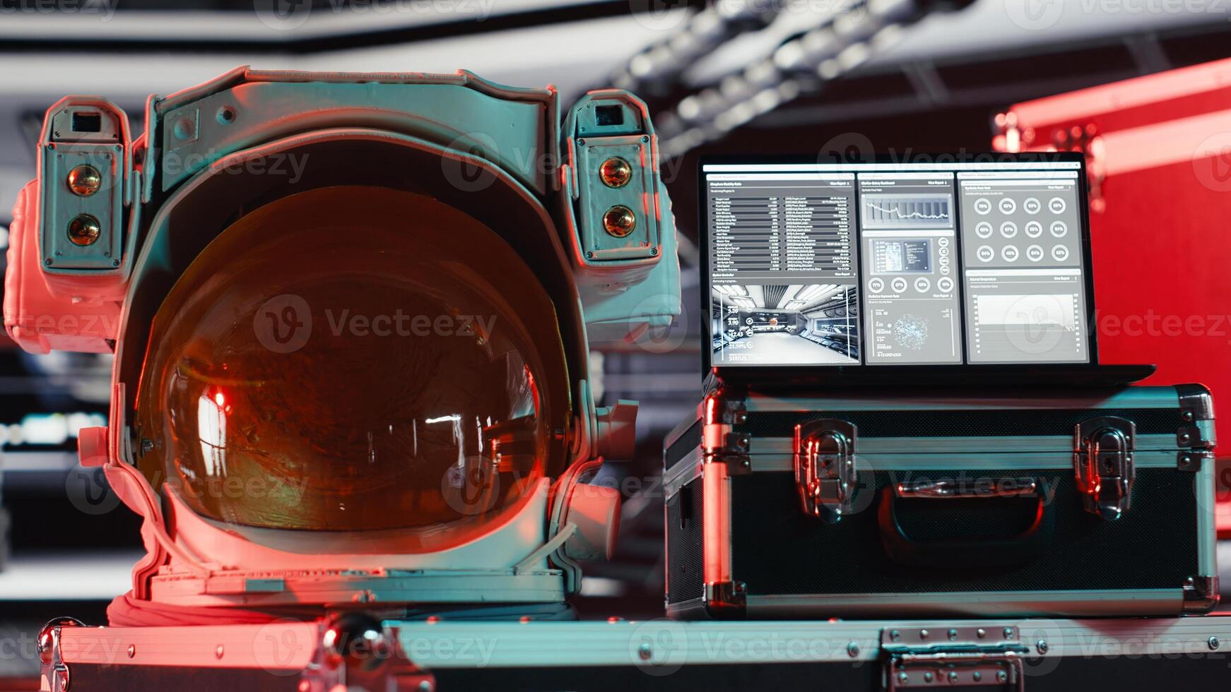 Failed mission alert blinking over space helmet next to laptop in spacecraft displaying cosmic journey analytics. Critical error warning in starship with notebook doing readouts for planet voyage photo
