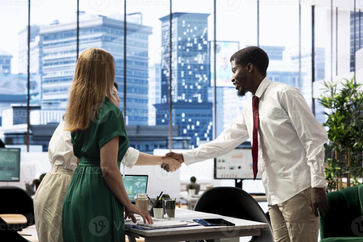 HR worker in economic sector startup checking if job candidate qualifications are aligned with company demands. Stock market business recruiter shaking hands, agreeing terms with applicant photo