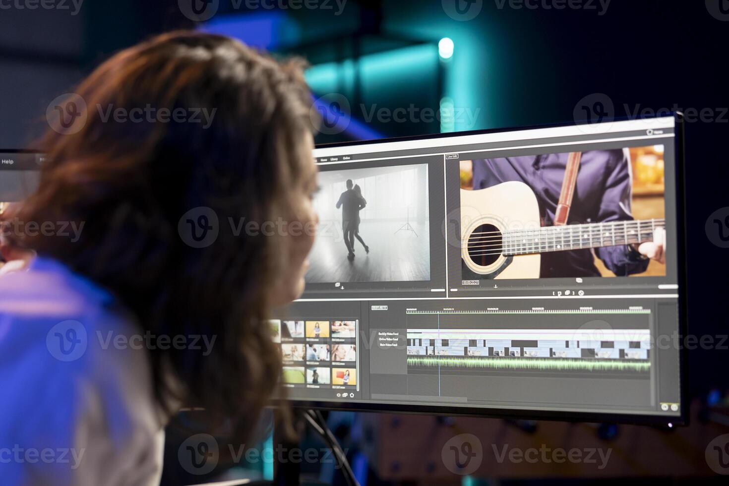 editor showcasing experience with 3D special effects and editing software packages, taking footage shot by production teams and improving it. Videographer finishing project in studio photo