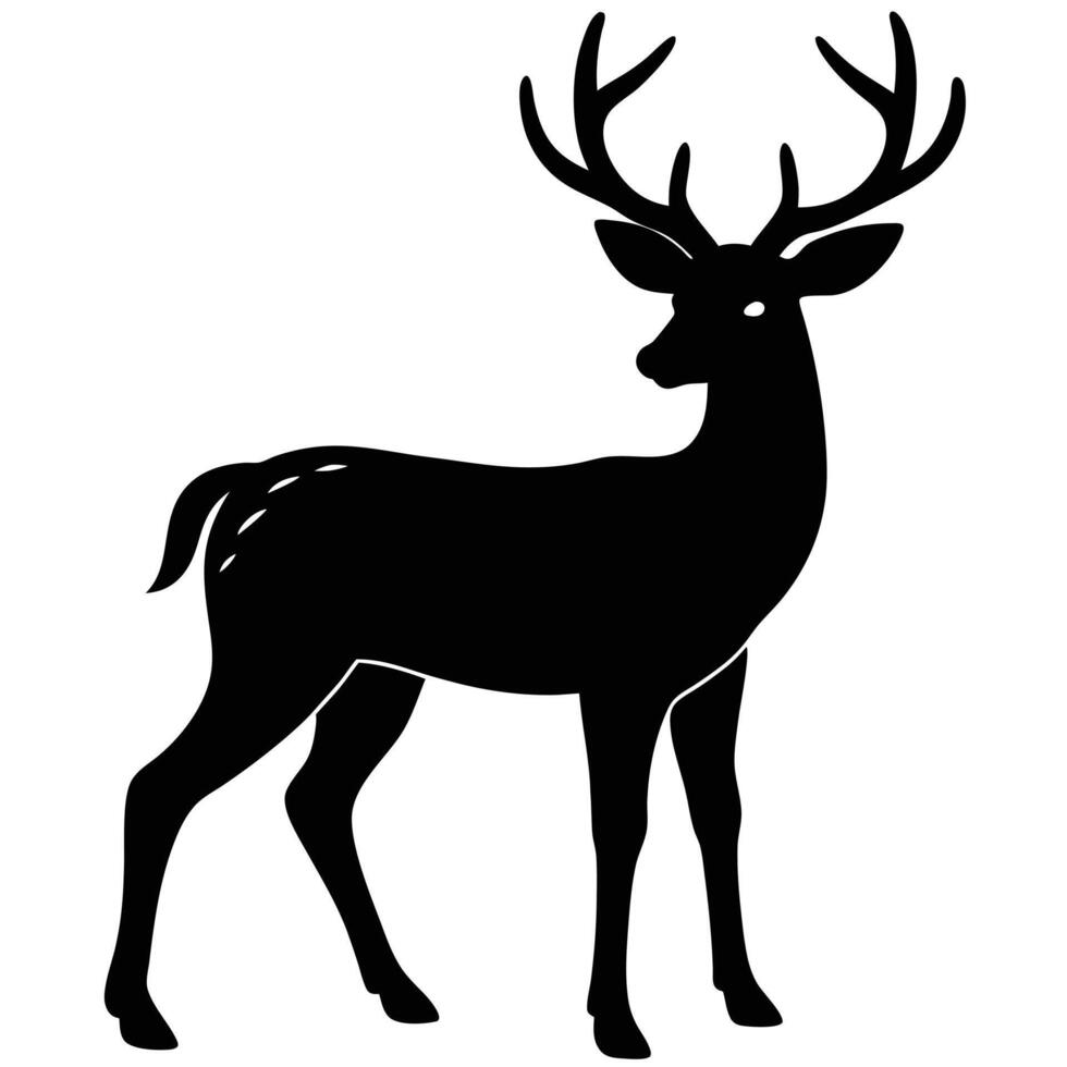 Majestic black deer silhouette with large antlers standing gracefully white background vector