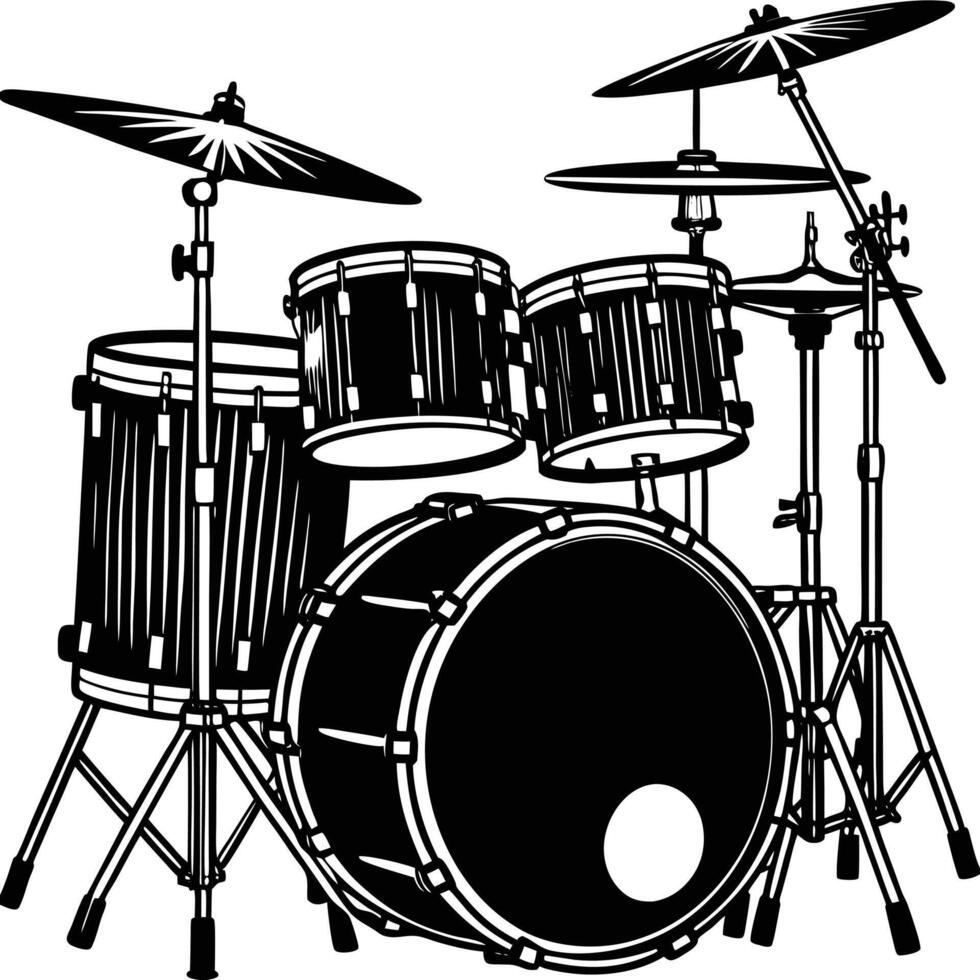 Black and white illustration of a complete drum kit with cymbals and stands drums percussion vector