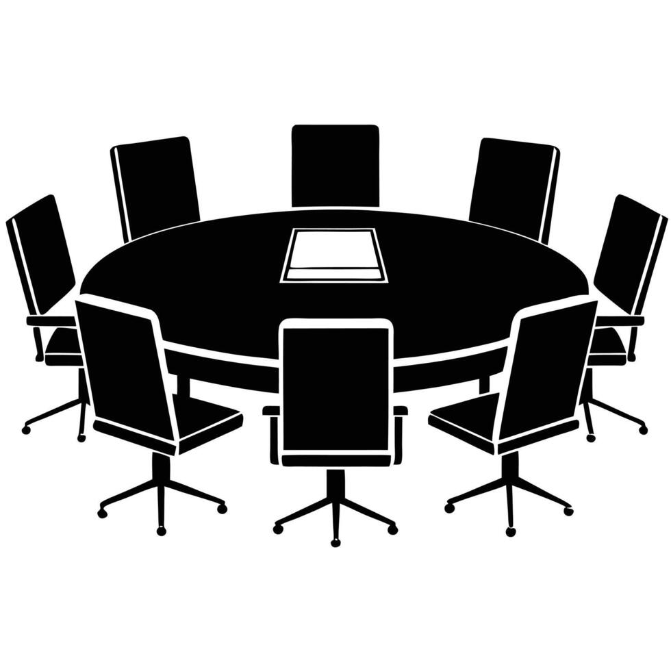 Black circular conference table with chairs and laptop meeting room office vector