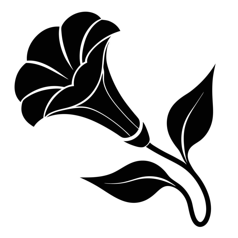 Black morning glory flower icon with two leaves graphic black and white vector
