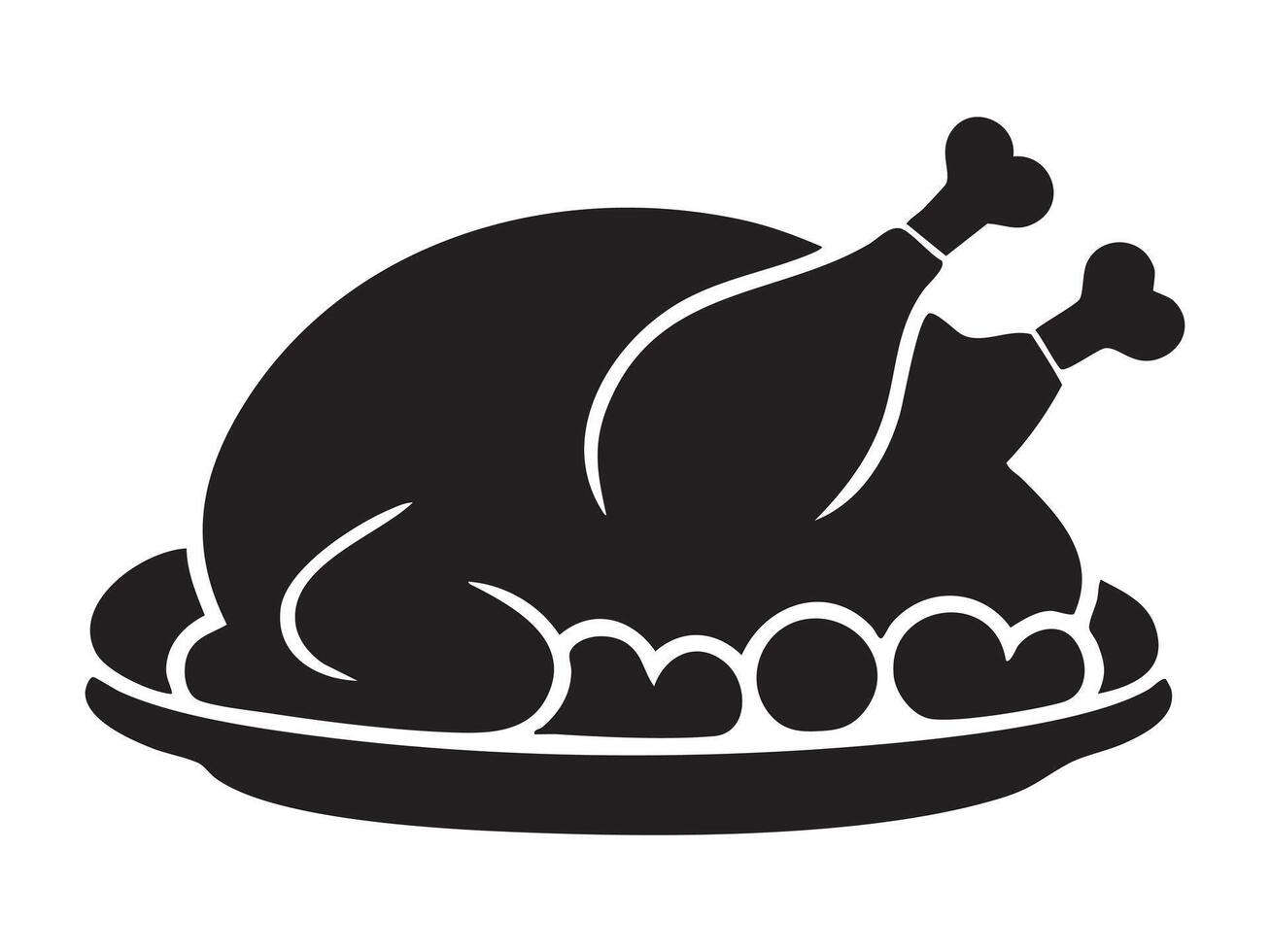 Black silhouette of roasted turkey on a platter with garnishes, isolated on white background, graphic illustration. concept of food, thanksgiving, festive meal, icon, logo, design element vector