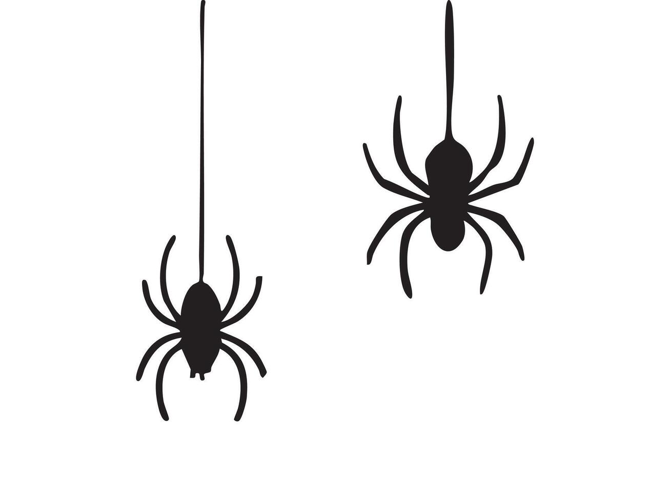 Black silhouettes of spiders hanging from threads, isolated on white background, graphic illustration. concept of halloween, creepy insects, arachnids, spooky decor, icon vector
