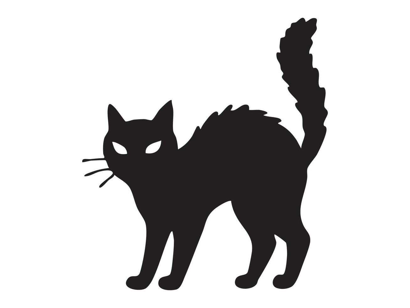 Black silhouette of scared halloween cat with raised tail isolated on white background, graphic illustration. concept of spooky icon, holiday theme, pet, scary decor element vector