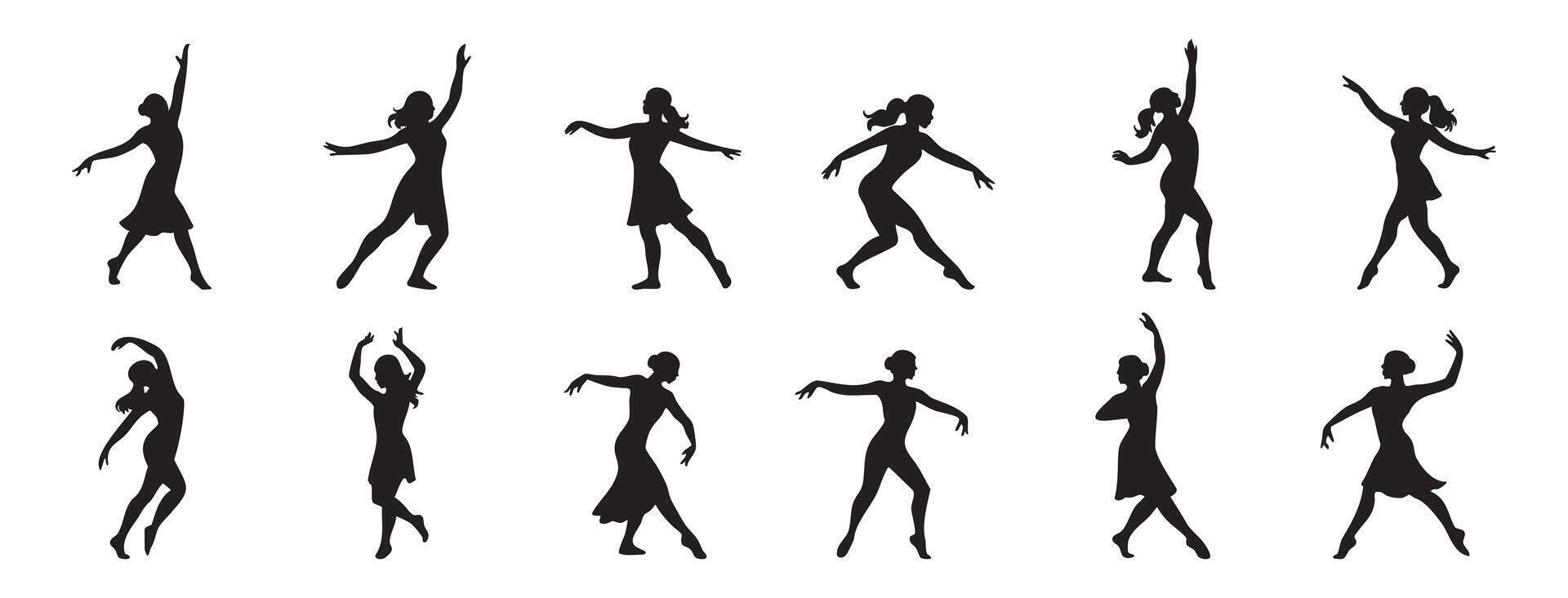 Silhouettes of dancing women in various poses, isolated on white background, graphic illustration. concept of dance, movement, female silhouettes, performance art, design element, ballet vector