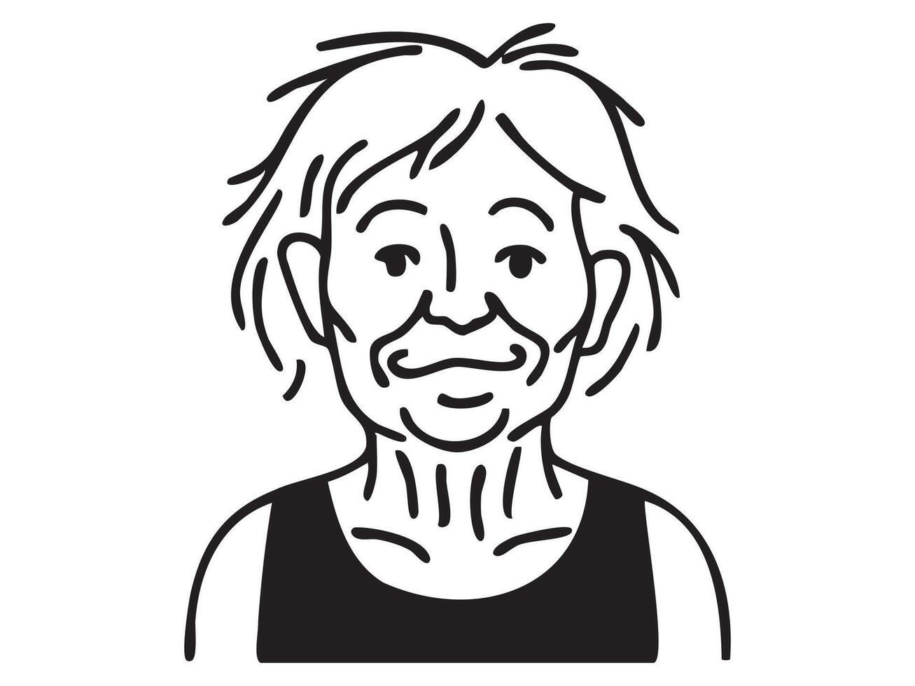 Black and white outline of smiling old woman face isolated on white background, graphic illustration. Concept of senior female character, positive emotion, elderly person portrait, design element vector