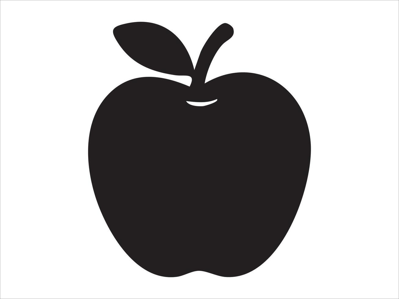 Black silhouette of apple with leaf isolated on white background, graphic illustration. concept of fruit, healthy eating, natural food, icon, logo, design element. vector