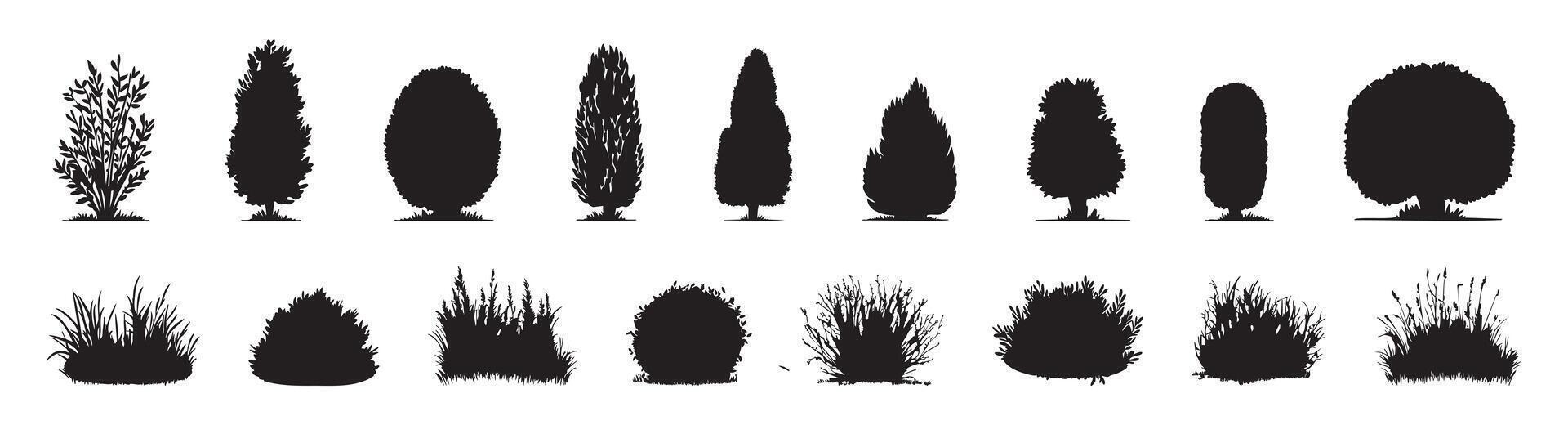 Set of black silhouettes of various trees and bushes, isolated on white background, graphic illustration. concept of nature, landscape design, botany, plant collection, garden decor vector