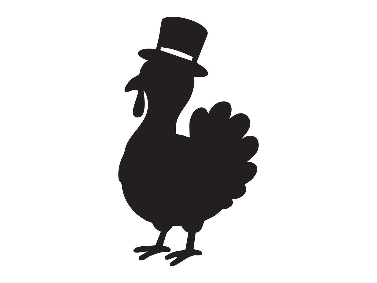 Black silhouette of turkey wearing top hat, isolated on white background, graphic illustration. concept of bird, thanksgiving, festive decor, icon, logo, design element vector