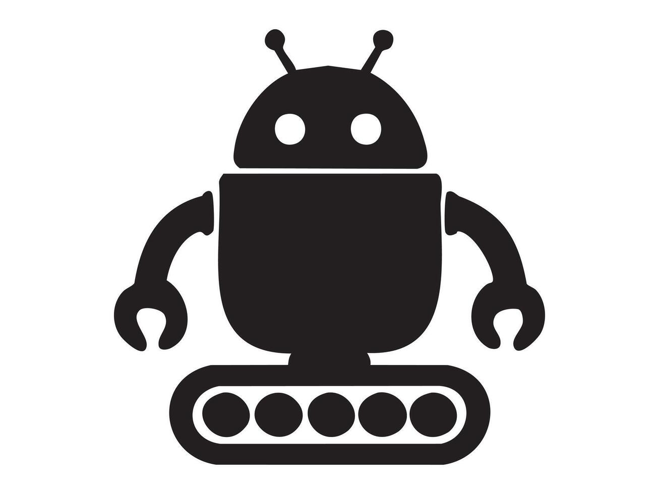 Black silhouette of robot toy with antenna and treads isolated on white background, graphic illustration. concept of futuristic design, childhood plaything, icon, logo, design element vector