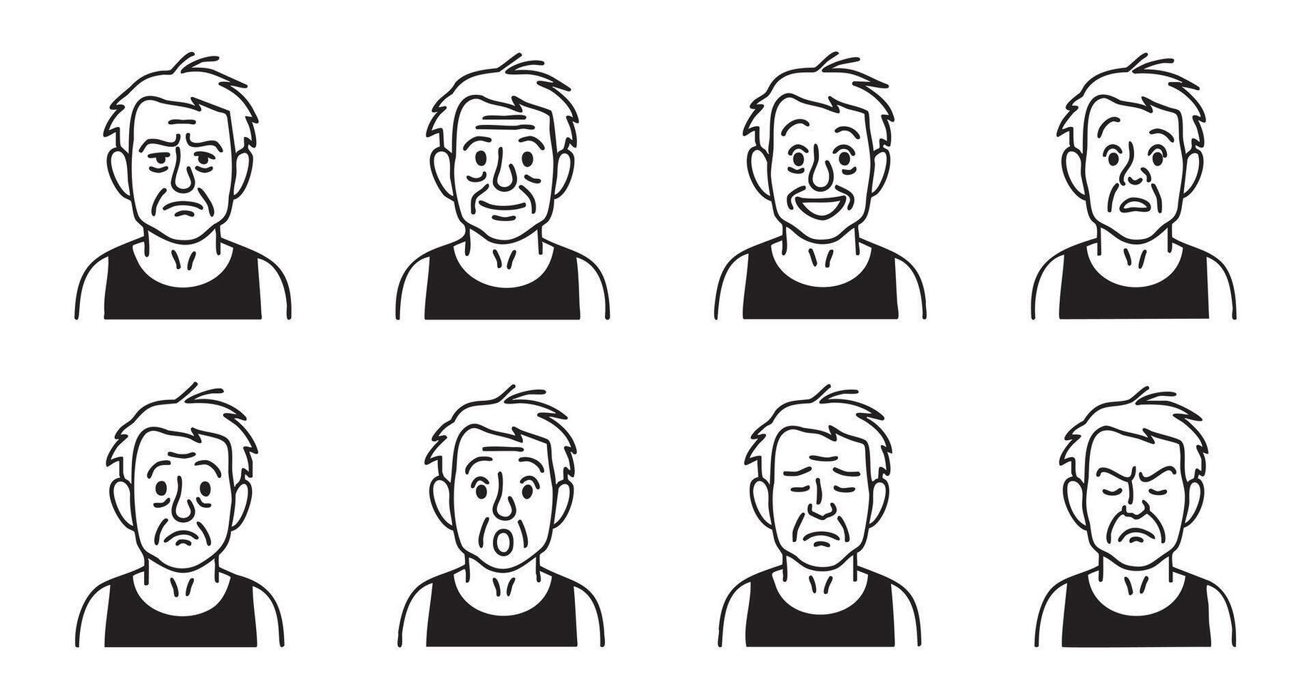 Set of old man faces with different emotional expressions isolated on white background. Concept of senior male character, facial emotions, aging psychology, avatar collection, design elements vector