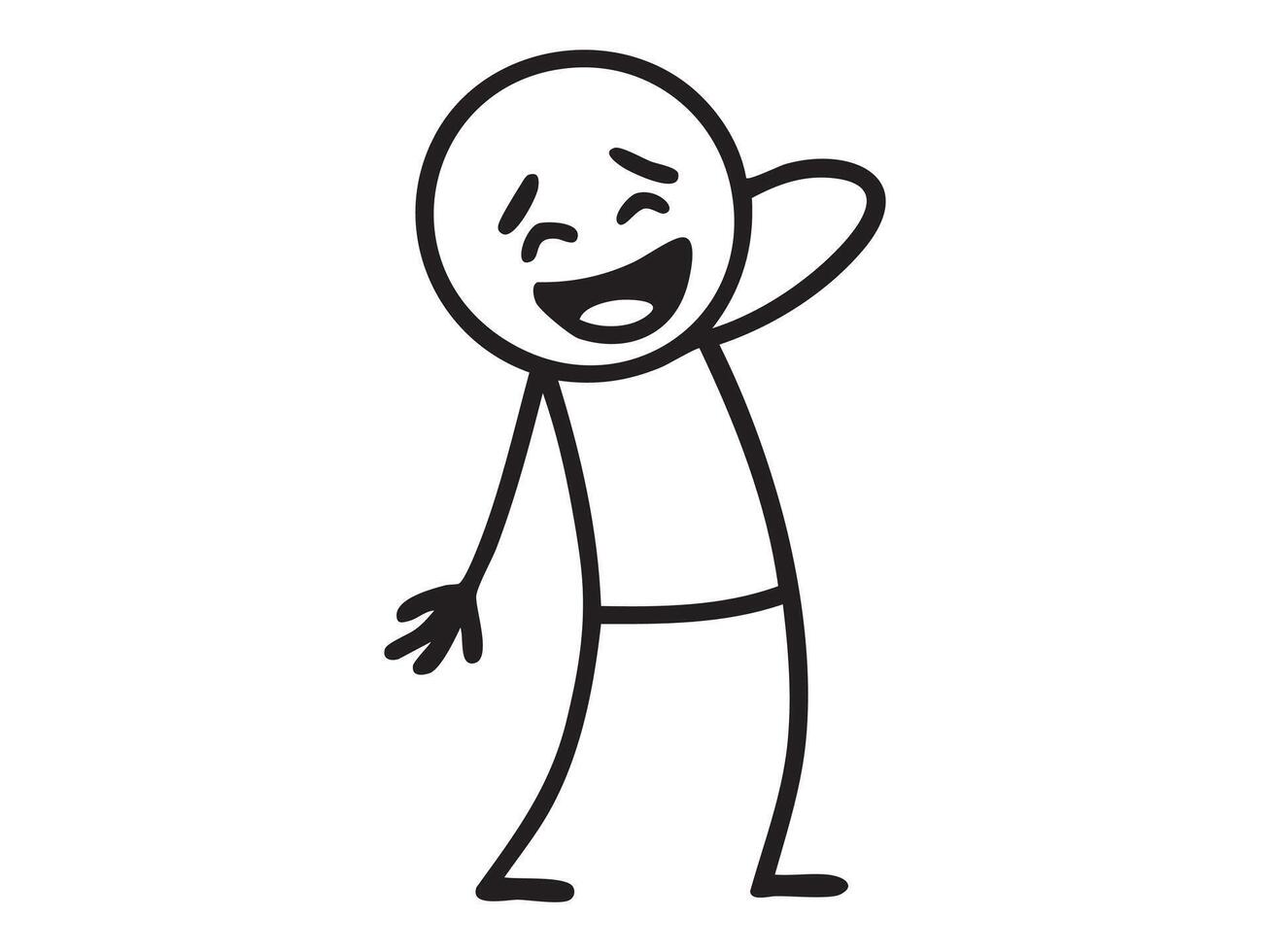 Black doodle stick figure of smiling man with hand raised, isolated on white background, cartoon illustration. concept of emotions, expressive character, playful drawing, design element vector