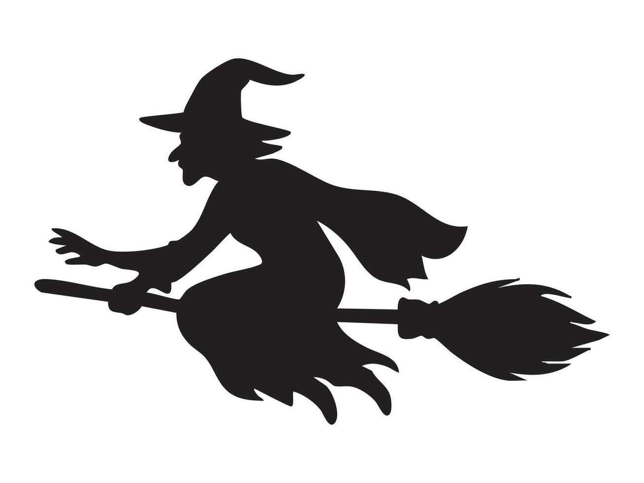 Black silhouette of witch flying on broom in spooky scene, isolated on white background, graphic illustration. concept of halloween, magic, fantasy, mysterious character, icon, logo vector