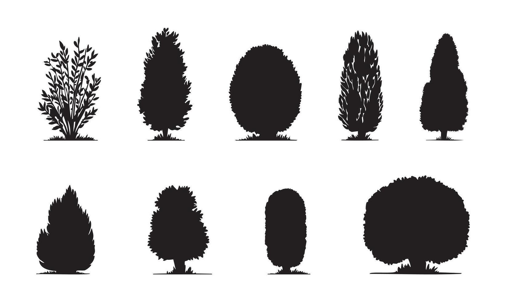 Set of black silhouettes of different trees and bushes isolated on white background, graphic illustration. concept of nature, garden design, landscape, logo, greenery decor vector