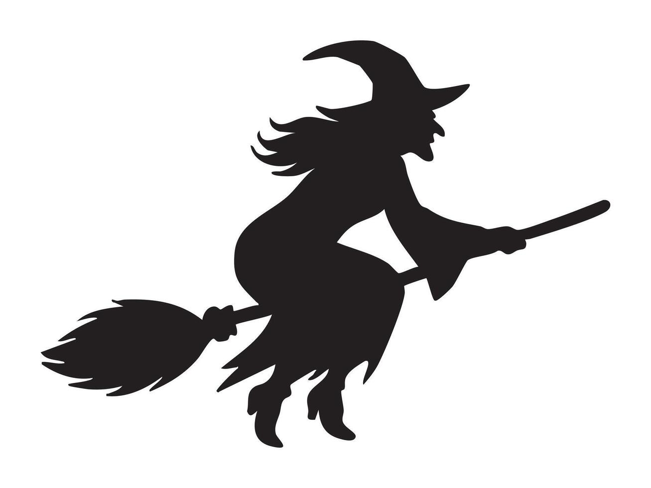 Black silhouette of a witch flying on a broom isolated on white background, graphic illustration. concept of halloween, spooky character, magic, fantasy, icon, design element vector