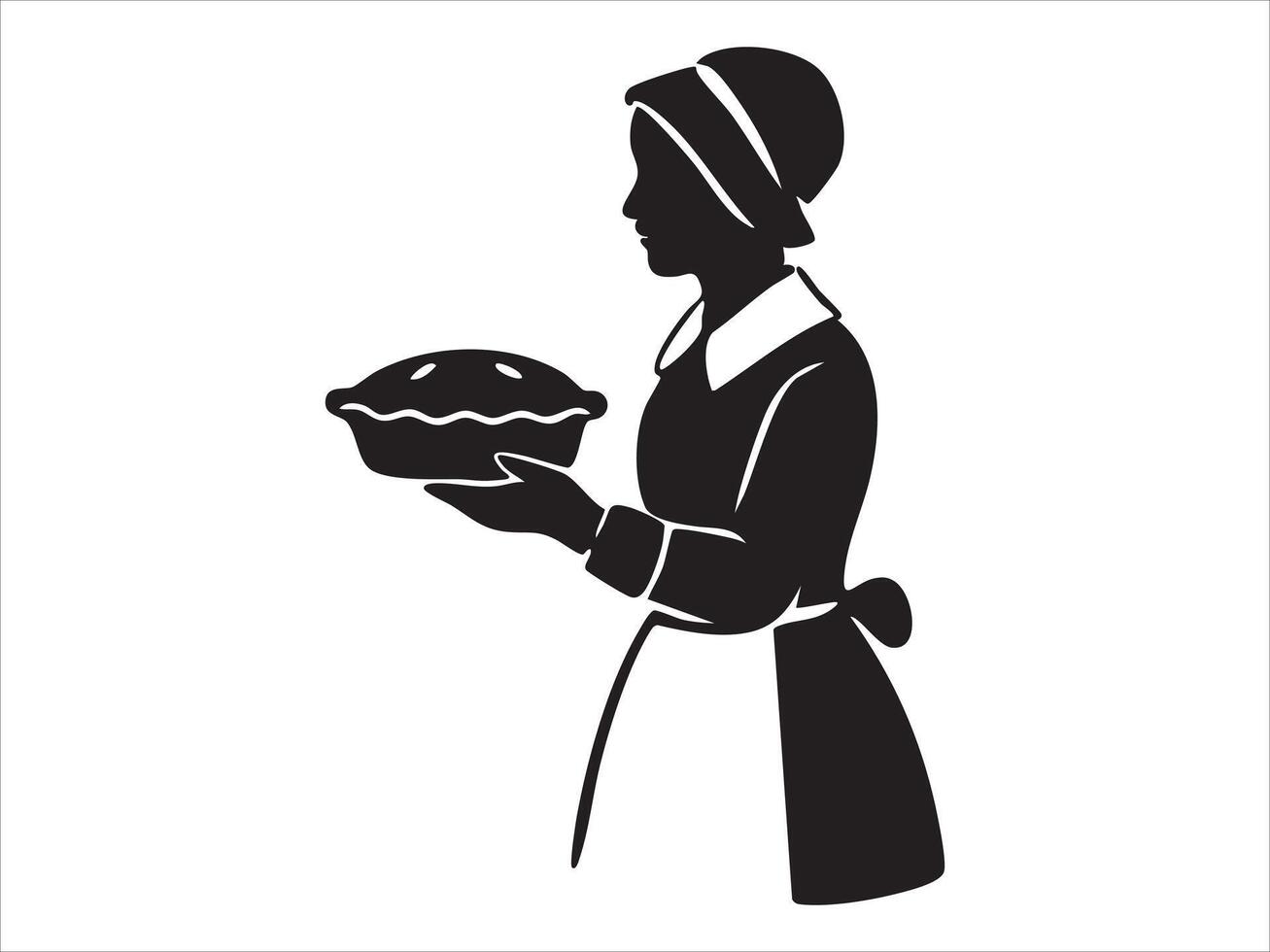Black silhouette of woman holding pie, isolated on white background, graphic illustration. concept of baking, homemaking, traditional attire, icon, logo, design element vector