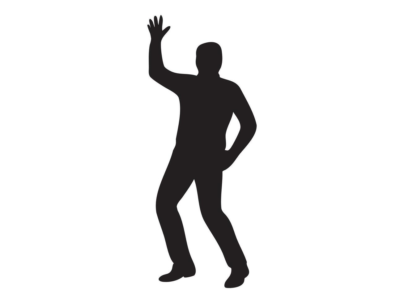 Black silhouette of man waving hand in a dancing pose, isolated on white background, graphic illustration. concept of greeting, human gesture, communication, design element vector