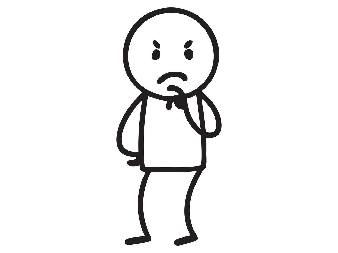 Black stick figure man with angry thinking facial expression, cartoon style line drawing. Concept of doubt, negative emotion, conflict, human character, outline icon, isolated on white background vector