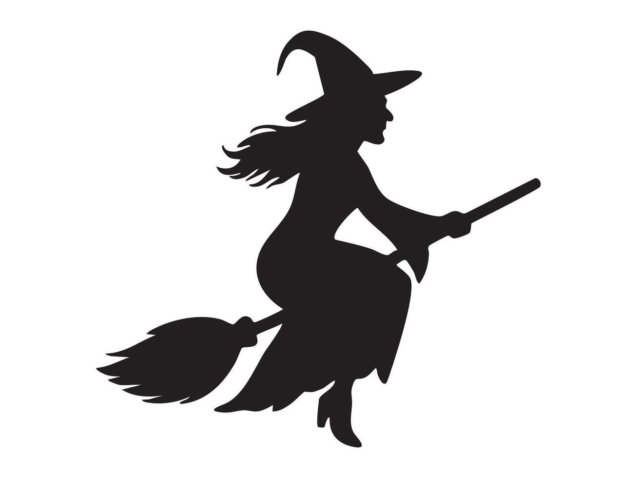 Black silhouette of flying witch on broomstick in halloween theme, isolated on white background, graphic illustration. concept of magic, spooky character, holiday, design element. vector