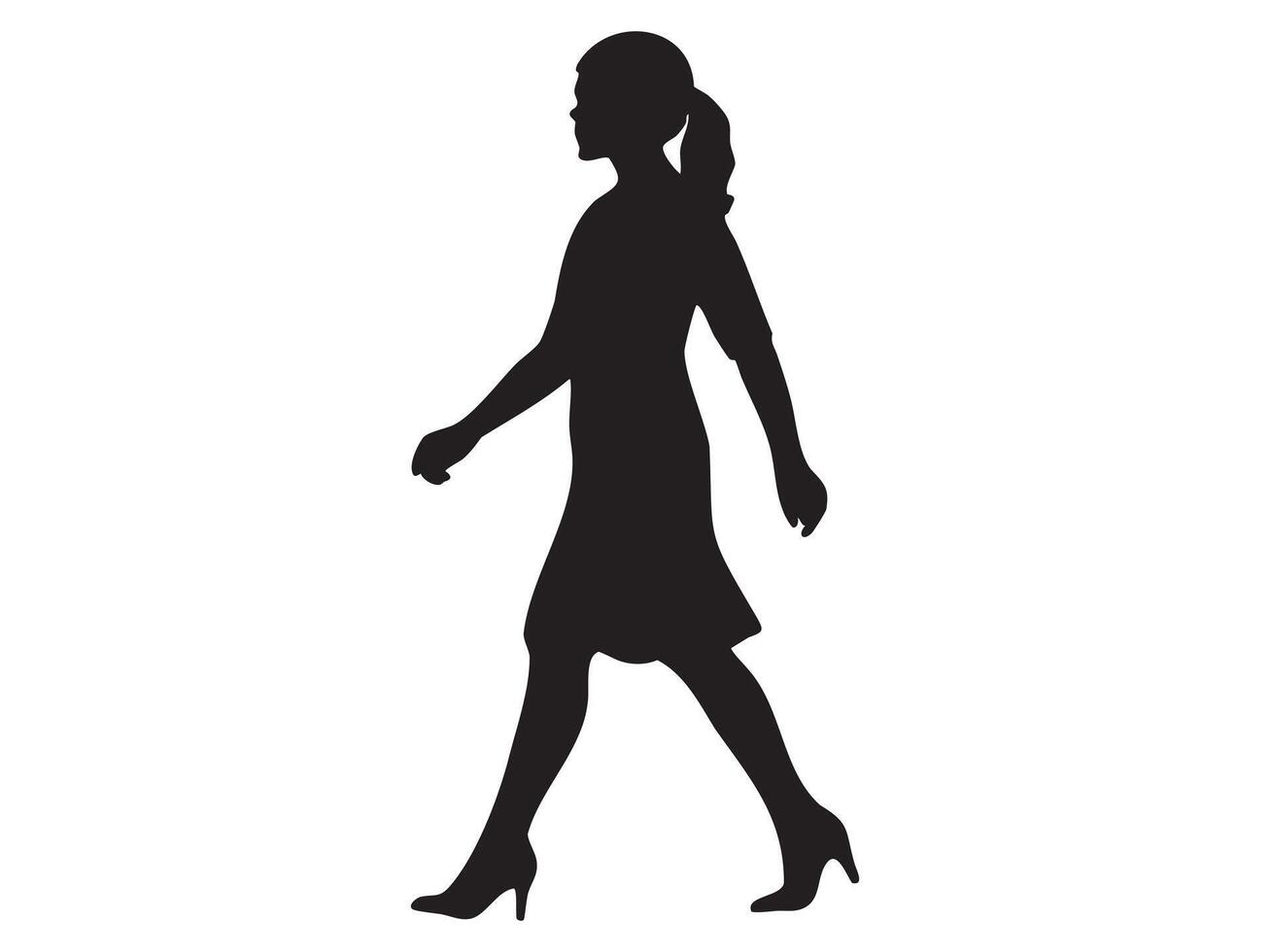 Black silhouette of woman walking in dress with ponytail hairstyle isolated on white background, graphic illustration. Concept of female figure, motion pose, lifestyle symbol, design element vector
