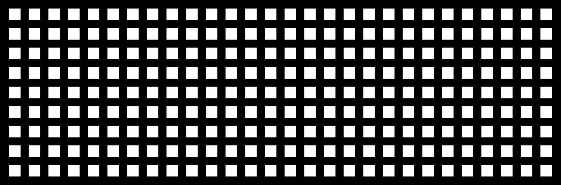 Pattern of uniform white squares on black background, graphic illustration. concept of grid, modern design, geometric pattern, minimalist art, backdrop, textile print. Wide banner vector