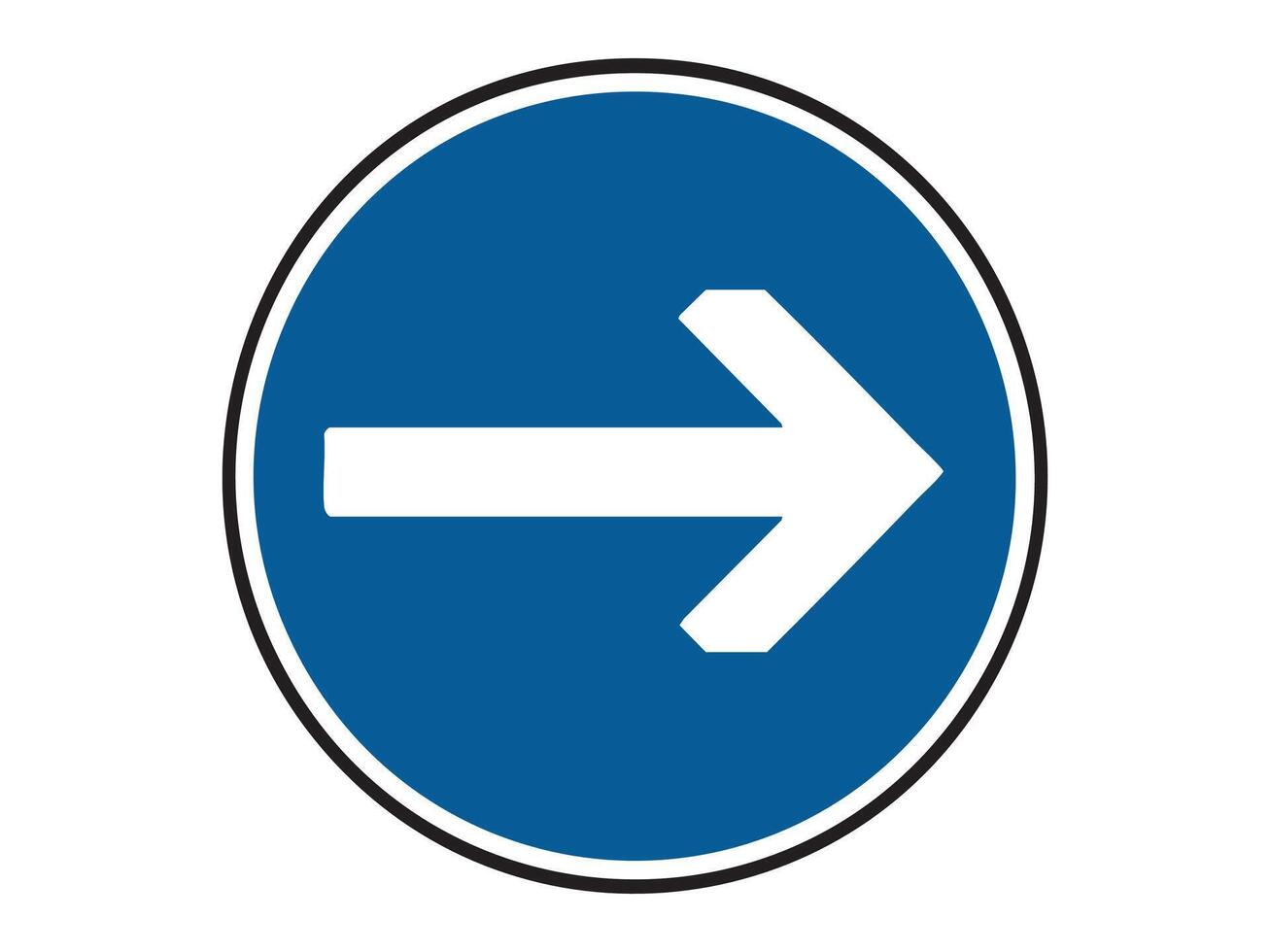 Blue circular traffic sign with white arrow pointing right isolated on white background, graphic illustration. concept of direction, road safety, navigation, highway symbol, design element vector