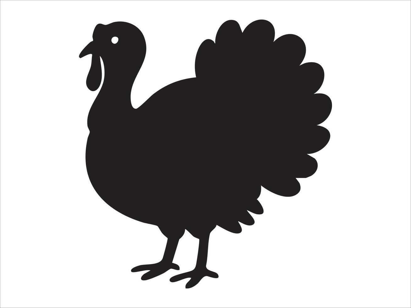 Black silhouette of turkey bird in standing pose, isolated on white background, graphic illustration. concept of poultry, thanksgiving symbol, bird icon, design element vector
