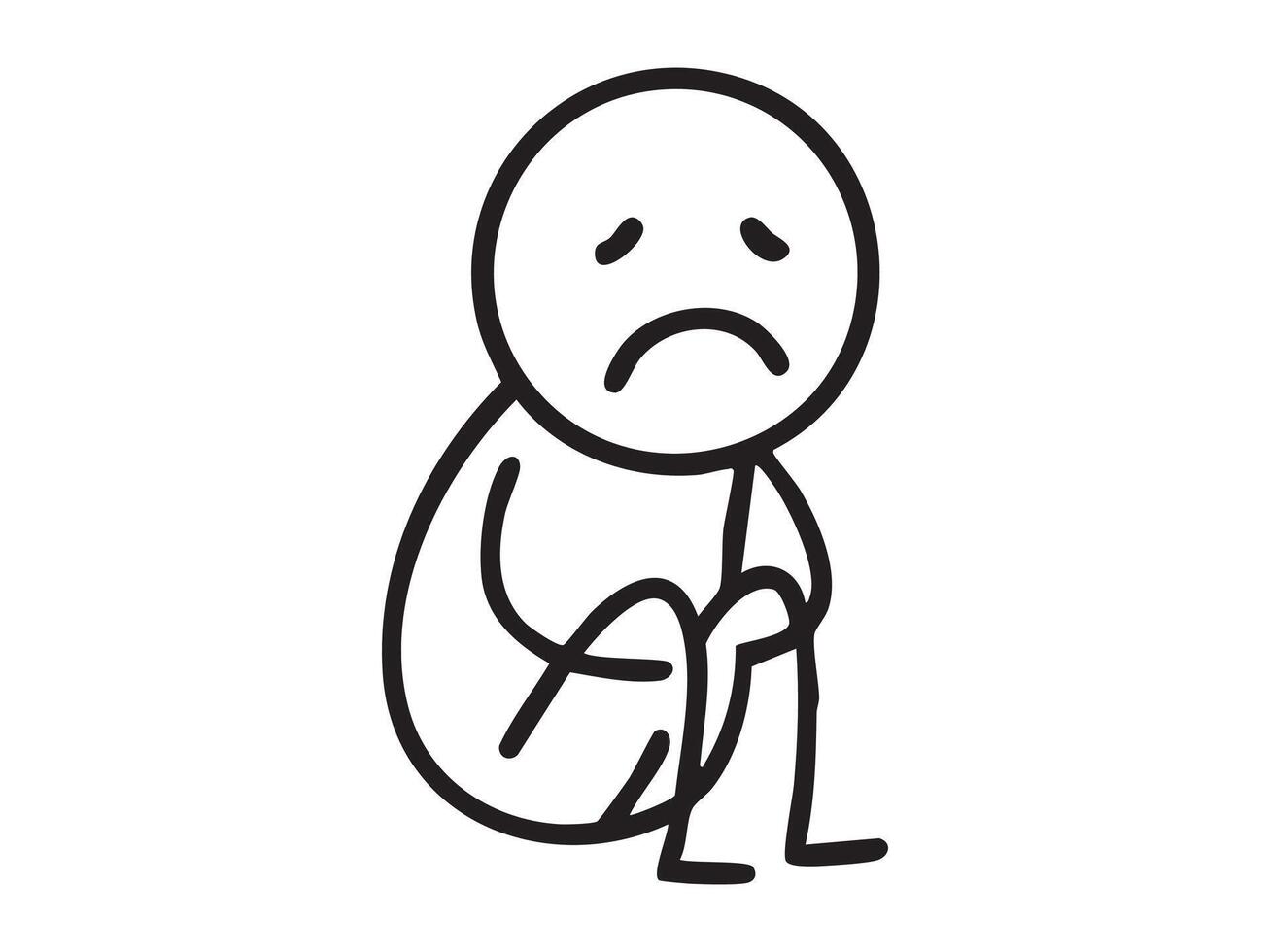 Black stick figure man sitting with sad facial expression holding knees, cartoon line style drawing. Concept of depression, loneliness, mental health issue, human emotion, isolated on white background vector