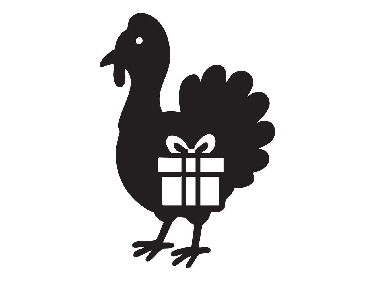 Black silhouette of a turkey carrying a gift box, isolated on white background, graphic illustration. concept of bird, holiday, thanksgiving, celebration, icon, design element. vector
