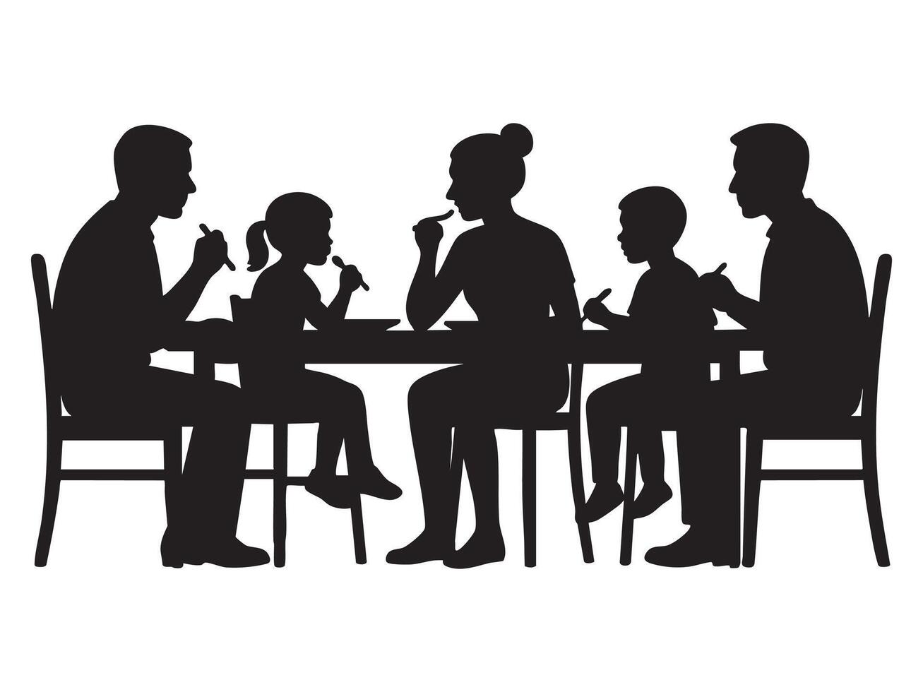 Black silhouette of family dining together at table, isolated on white background, graphic illustration. concept of family meal, togetherness, parents with children, design element vector