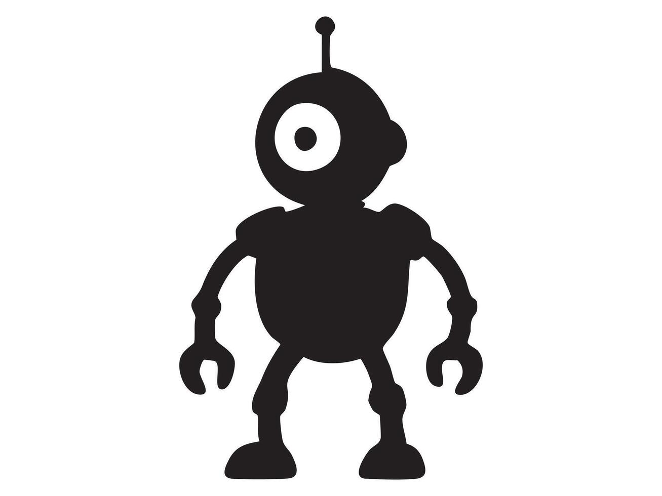 Black silhouette of robot toy in standing pose, isolated on white background, graphic illustration. concept of technology, futuristic design, kids toy, icon, logo, design element vector