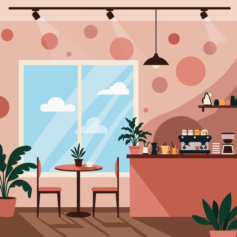 Cozy Modern Cafe with Window View and Stylish Decor vector