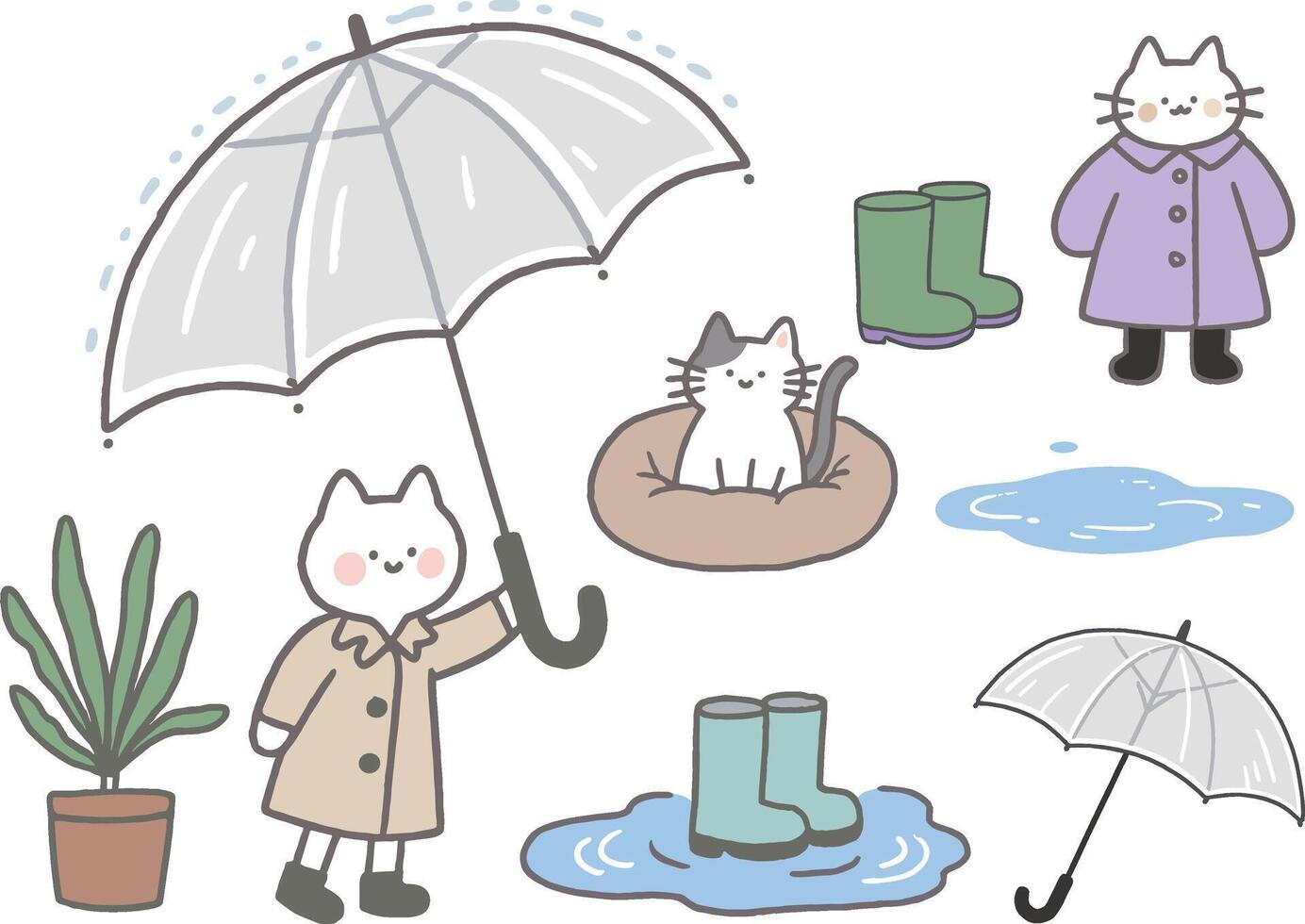Rainy Day Cat Life Cute Hand Drawn Illustration Set vector