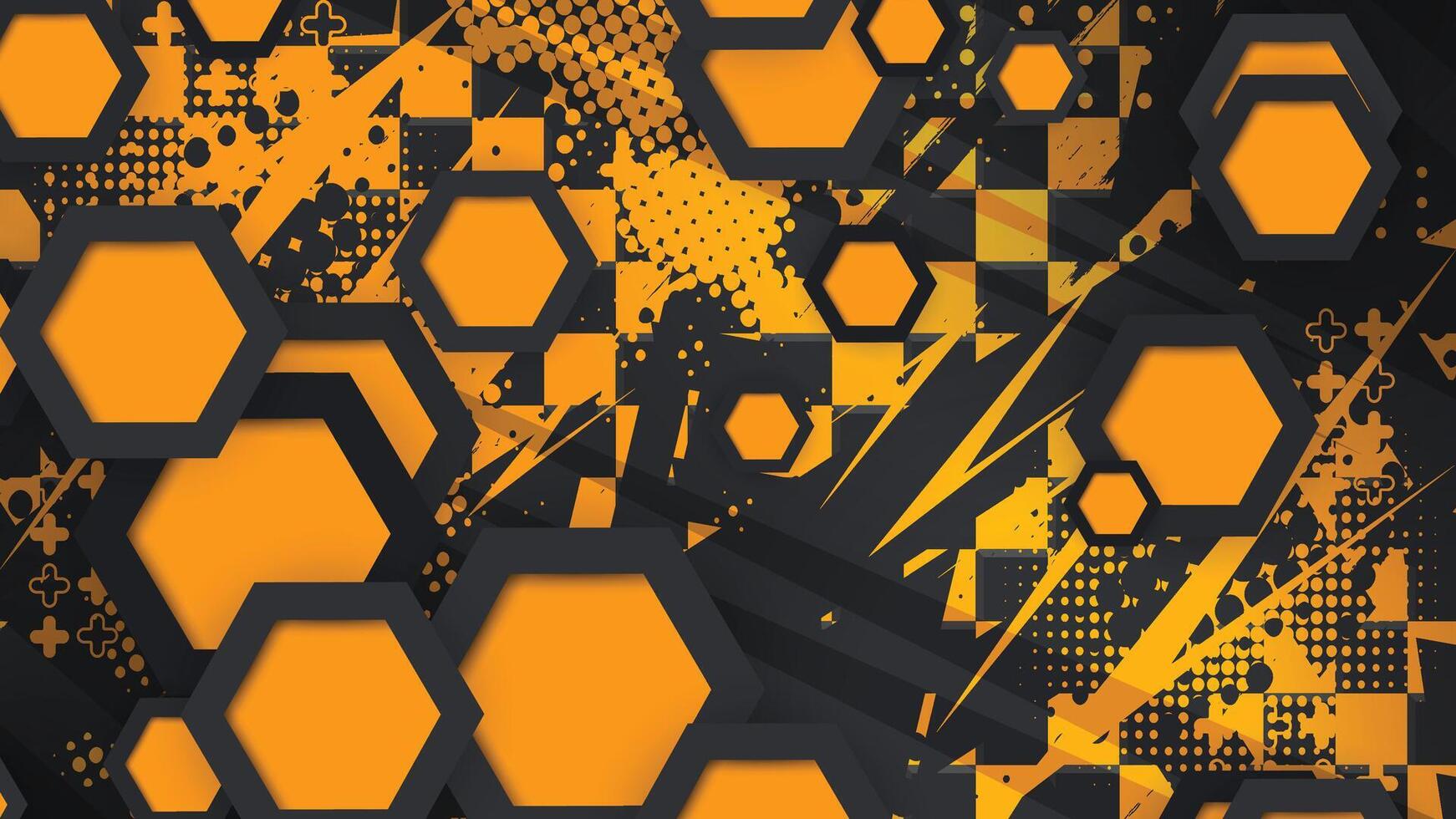 a black and orange background with hexagons vector